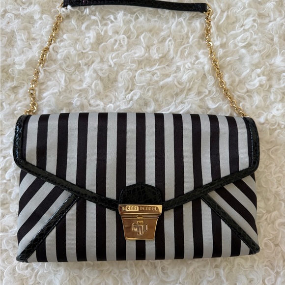 henri bendel Handbags - Henri Bendel Black and Gray Striped Large Clutch with Alligator Leather Trim